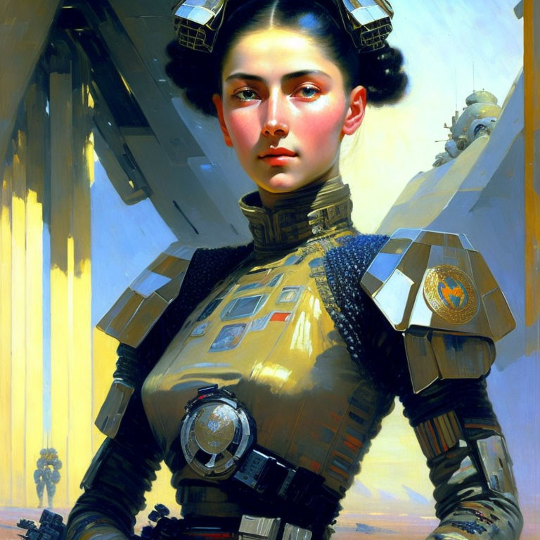 Detailed futuristic female warrior with armor and badges against bright beams and spacecraft backdrop