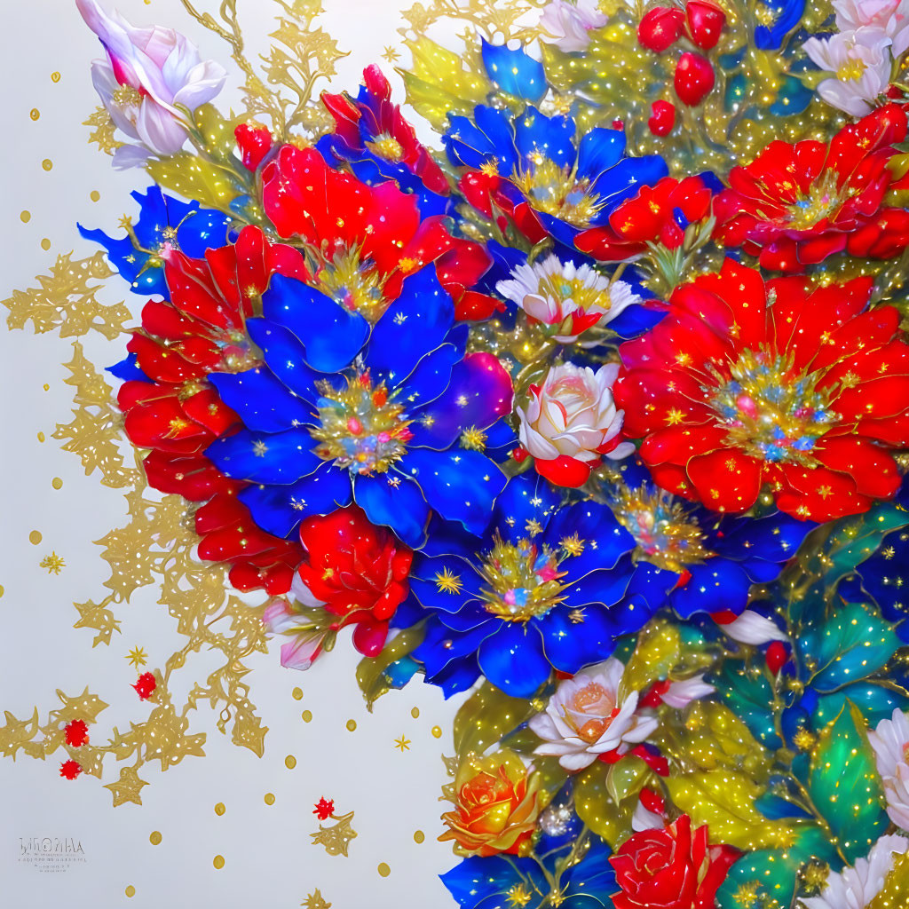 Colorful floral artwork with blue and red flowers and golden sparkles on white background