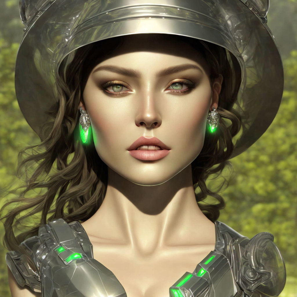 Digital portrait: Woman with green eyes in futuristic armor and helmet in lush forest