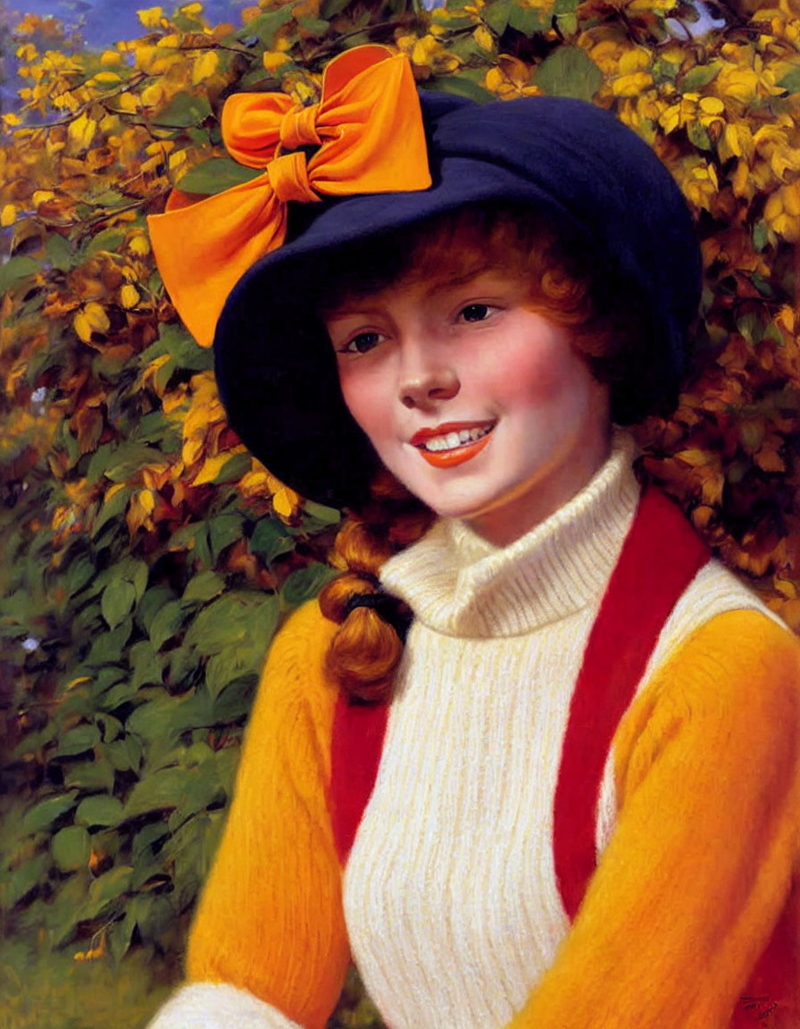 Smiling young girl in yellow sweater and blue hat with autumn leaves background