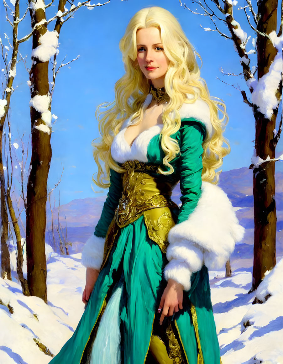 Blonde woman in green and gold medieval dress in snowy forest