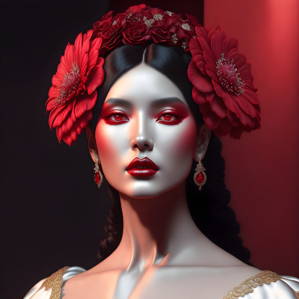 Woman with Red Makeup and Flower Hair: Mysterious Gaze on Red Background