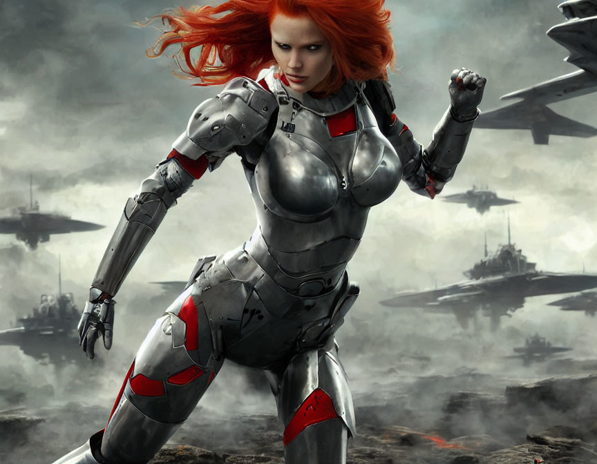 Red-haired woman in futuristic armored suit in war-torn setting with flying ships