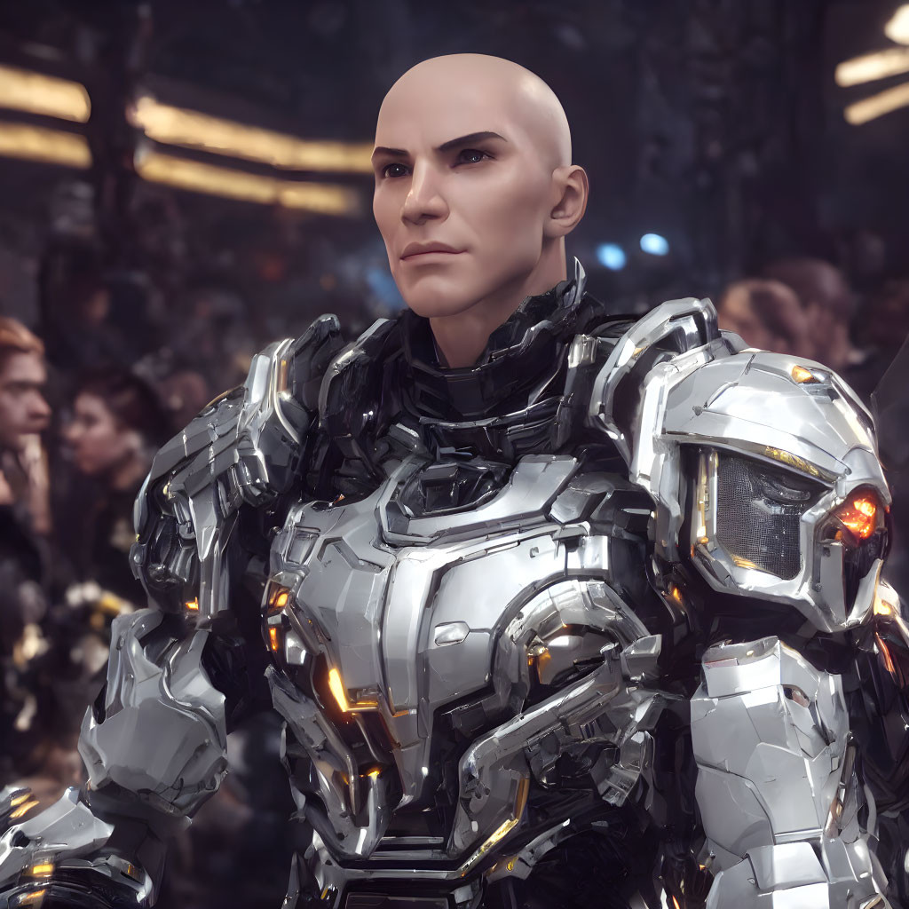 Bald Figure in Futuristic Armor with Glowing Orange Eyes among Blurred Crowd