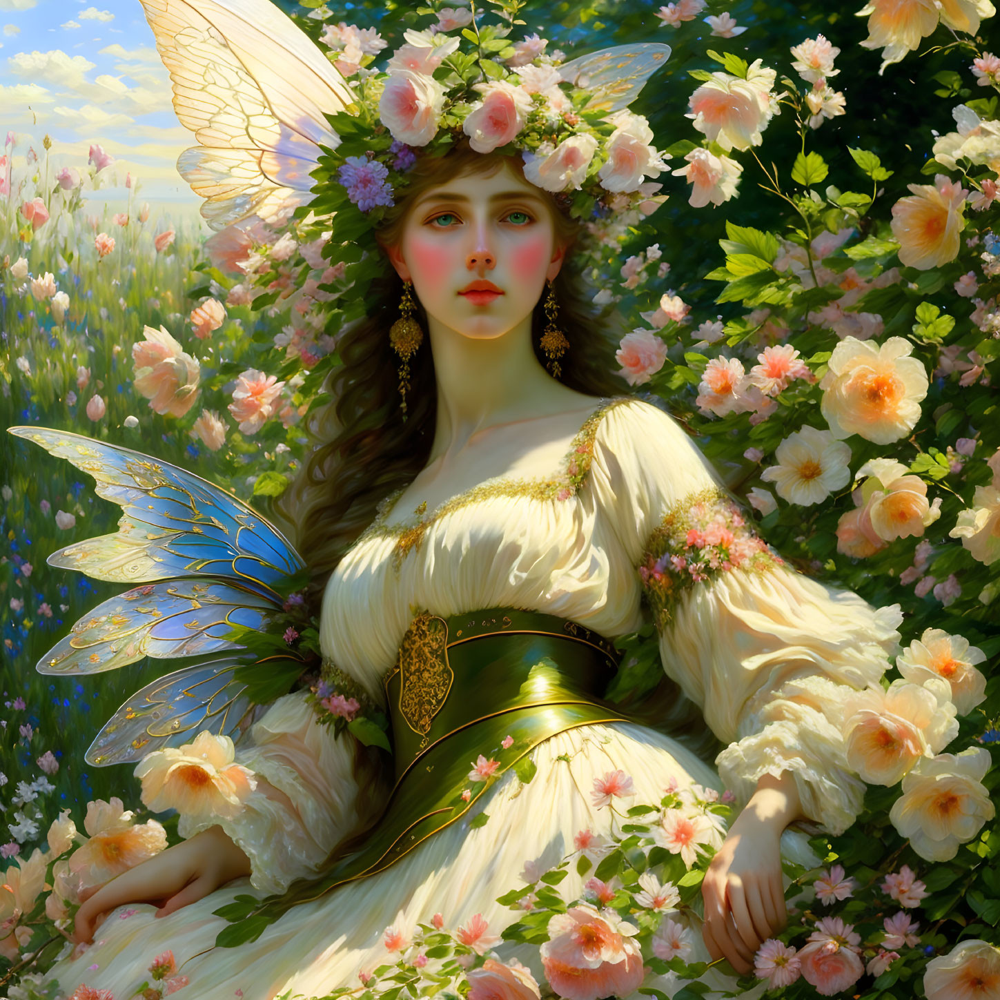 Fantasy image: Feminine figure with butterfly wings in rose garden