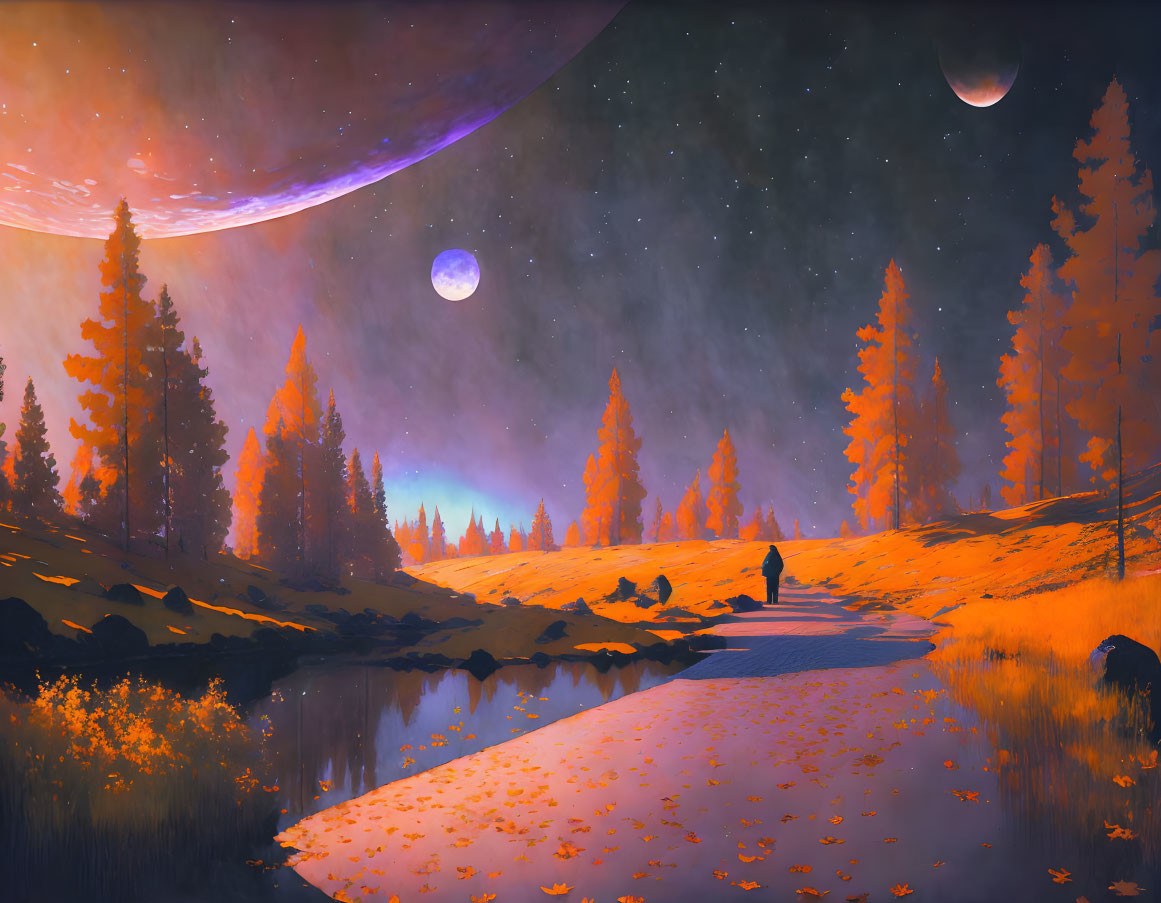 Scenic Dusk Landscape with Reflective Stream, Autumn Trees, and Celestial Elements