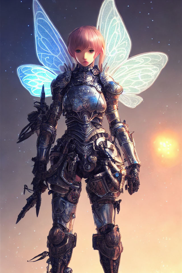 Mechanical armor and luminous wings fantasy character against starry sky with glowing orb