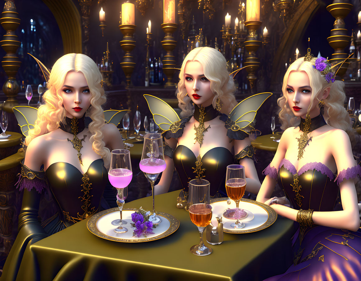 Stylized fantasy women with butterfly wings at banquet table