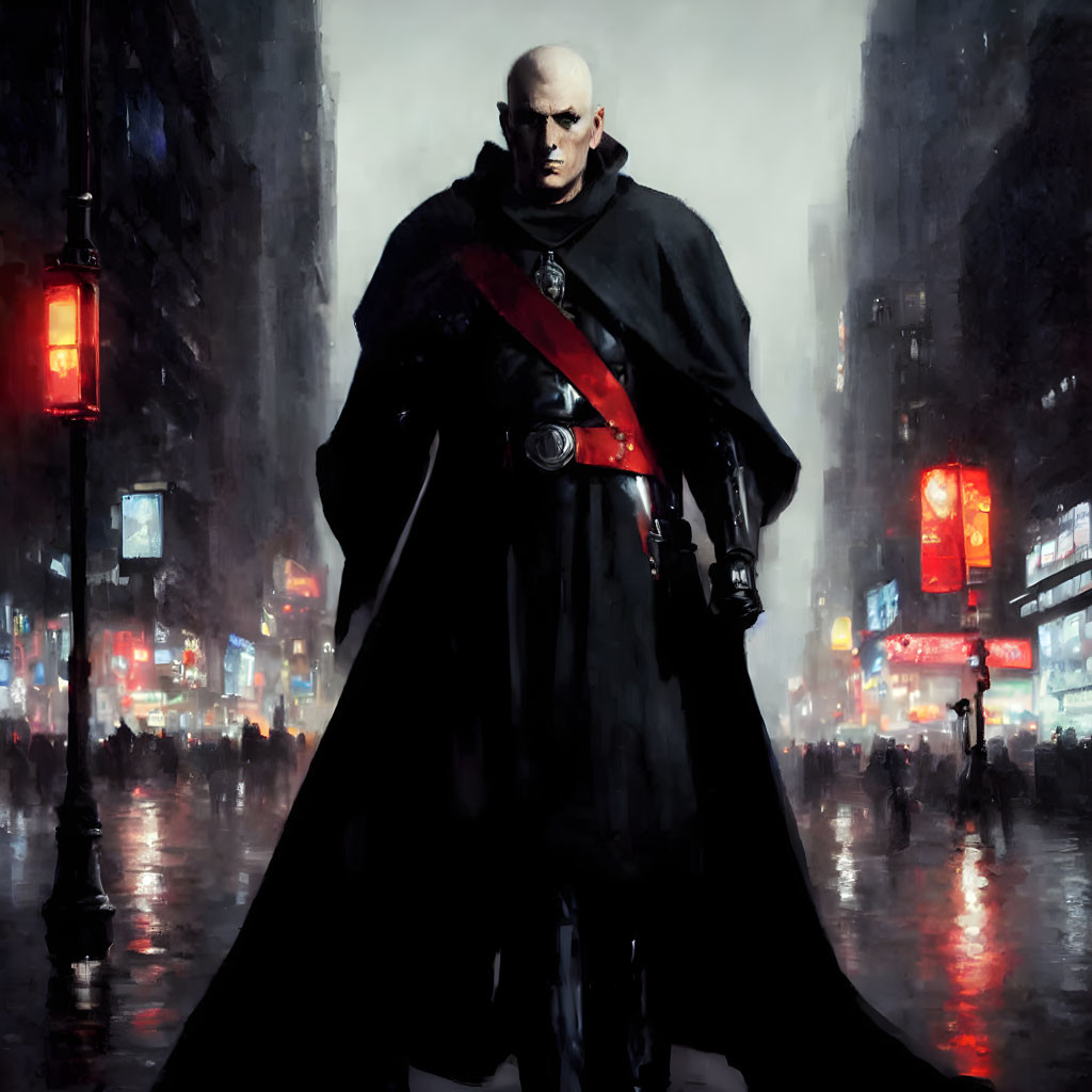 Bald character in black cloak and red sash in neon-lit city street