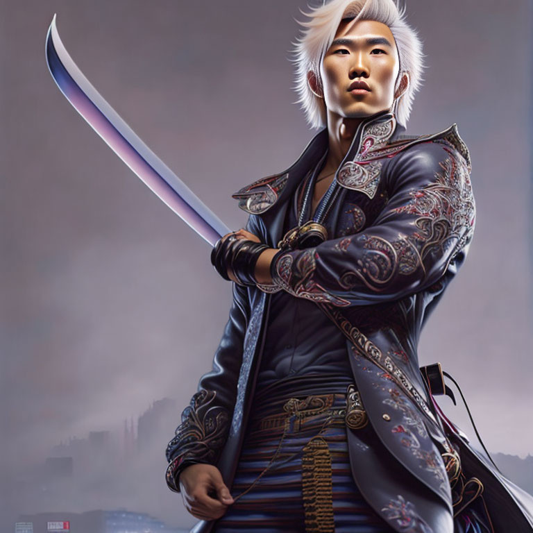 Fantasy warrior with white hair and curved sword in ornate armor.