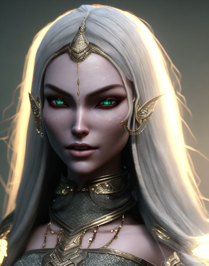 Fantasy character with green eyes, platinum blonde hair, gold and silver armor