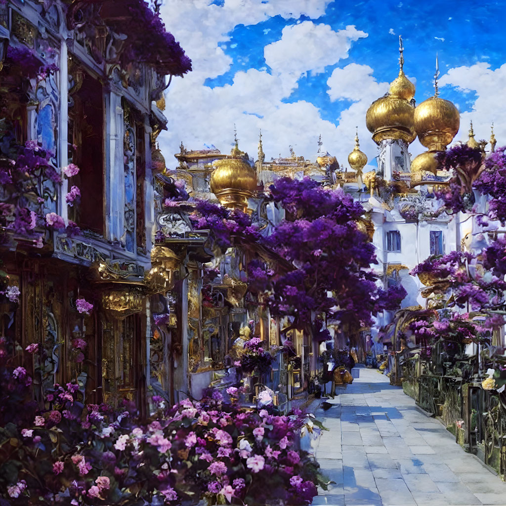 Opulent corridor with golden sculptures and violet flowers leading to golden-domed structures.