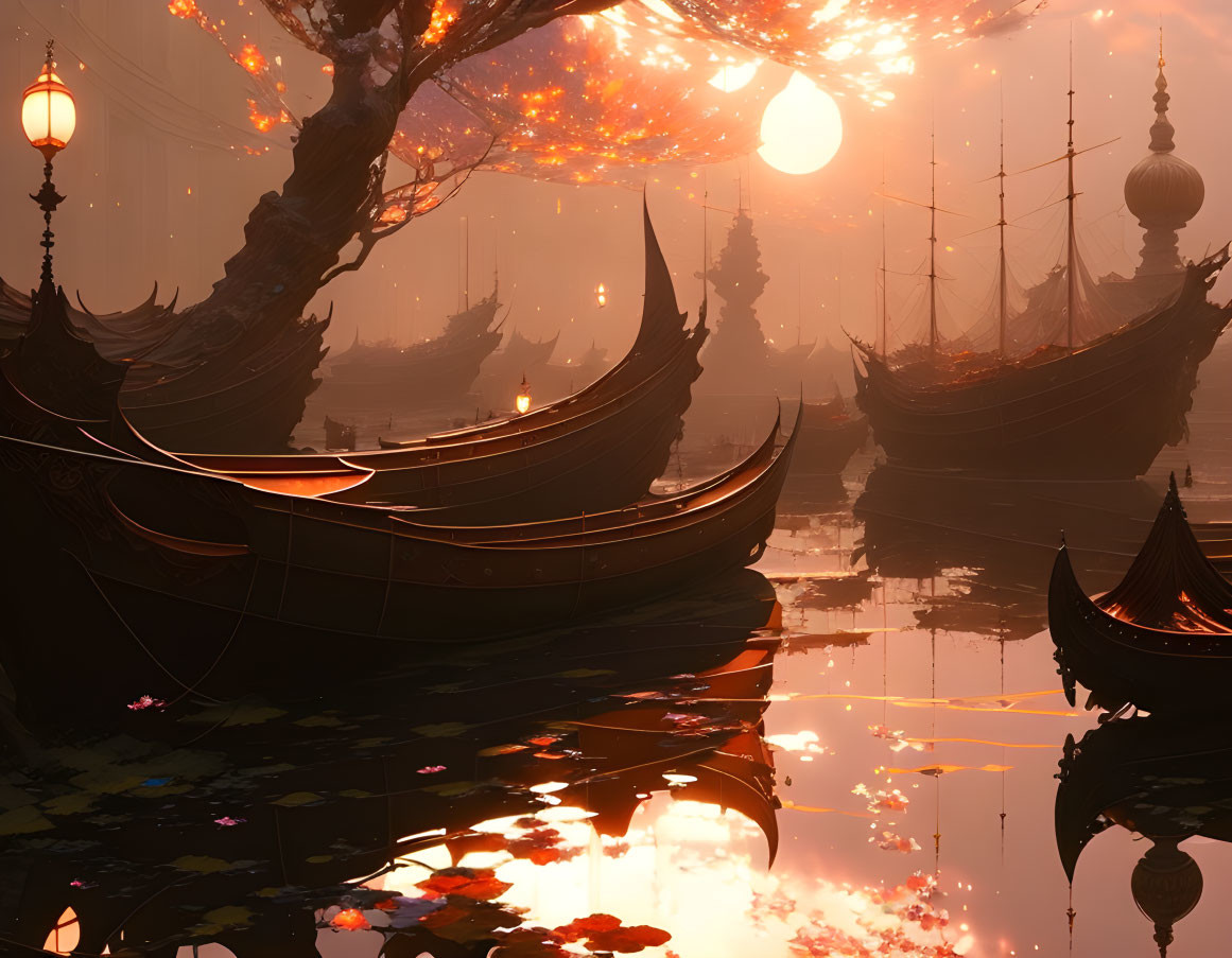 Majestic sunset scene with glowing trees, ornate boats, and misty temples