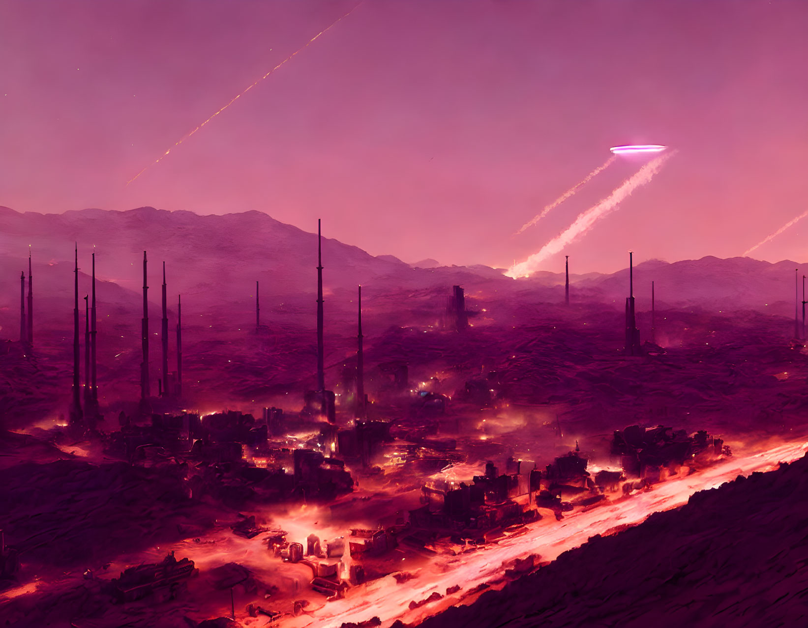 Dystopian landscape with reddish-purple sky and futuristic structures