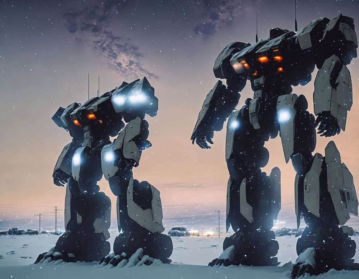 Two large robots in snowy night landscape with illuminated eyes under starry sky