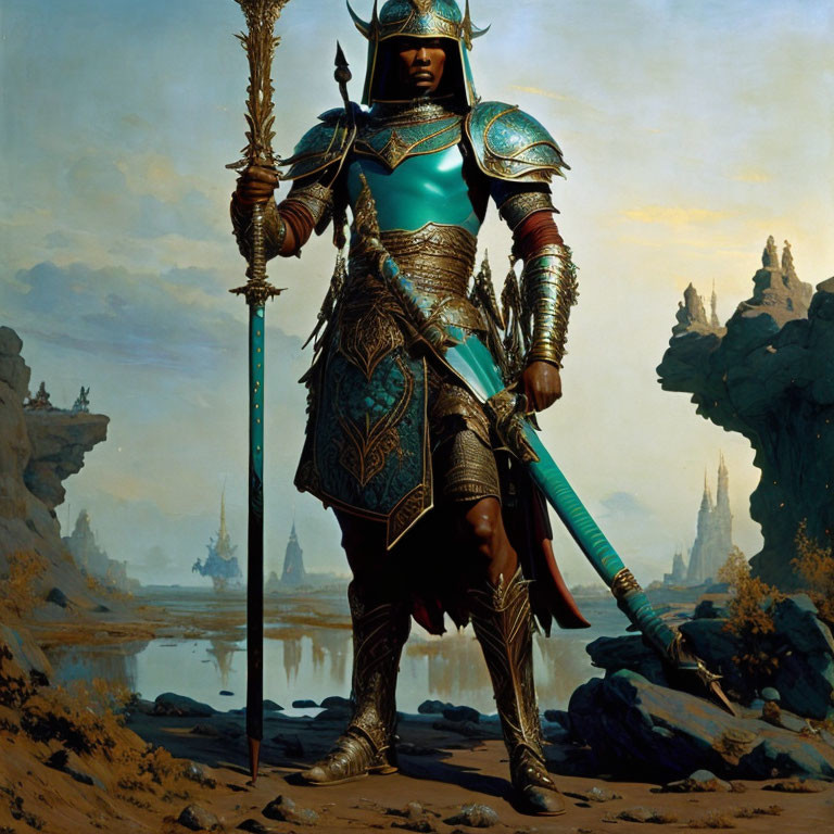 Armored warrior with spear and sword in fantastical landscape.