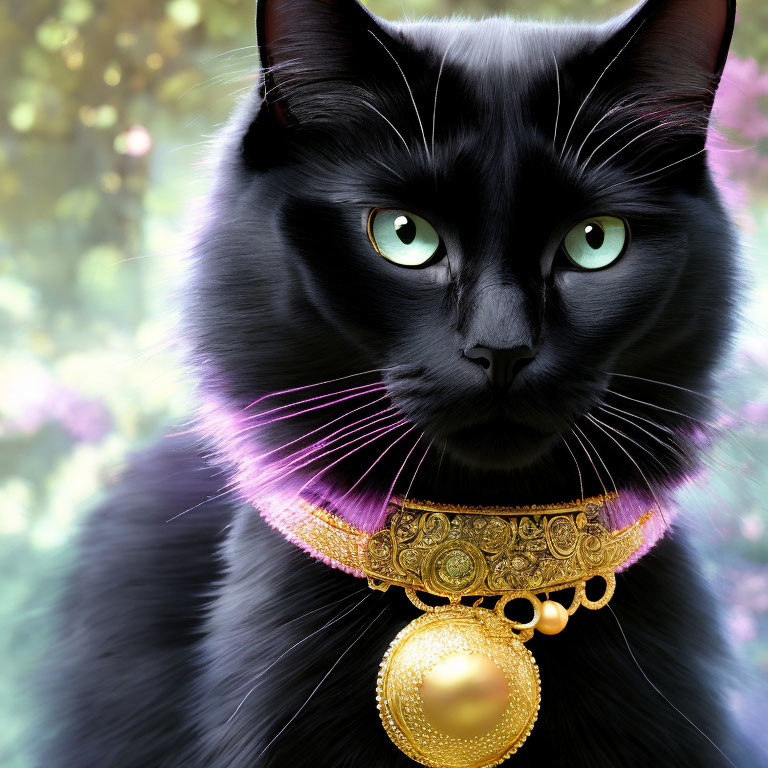 Black Cat with Green Eyes and Golden Collar on Floral Background