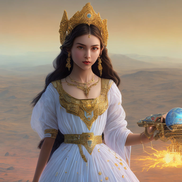 Digital artwork of regal woman with golden crown and jewelry, holding mystical orb with lightning in desert backdrop