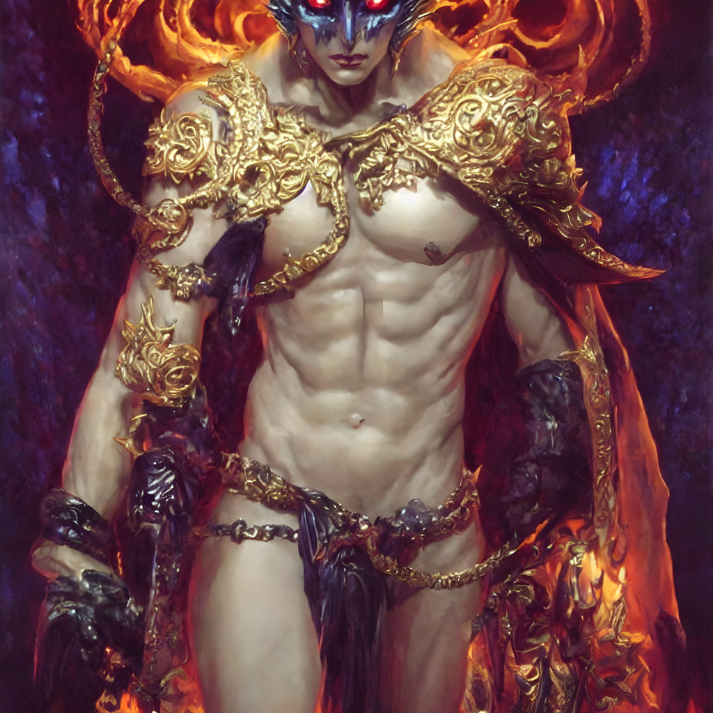 Fantasy art of shirtless male with gold armor, fiery aura, blue & white mask