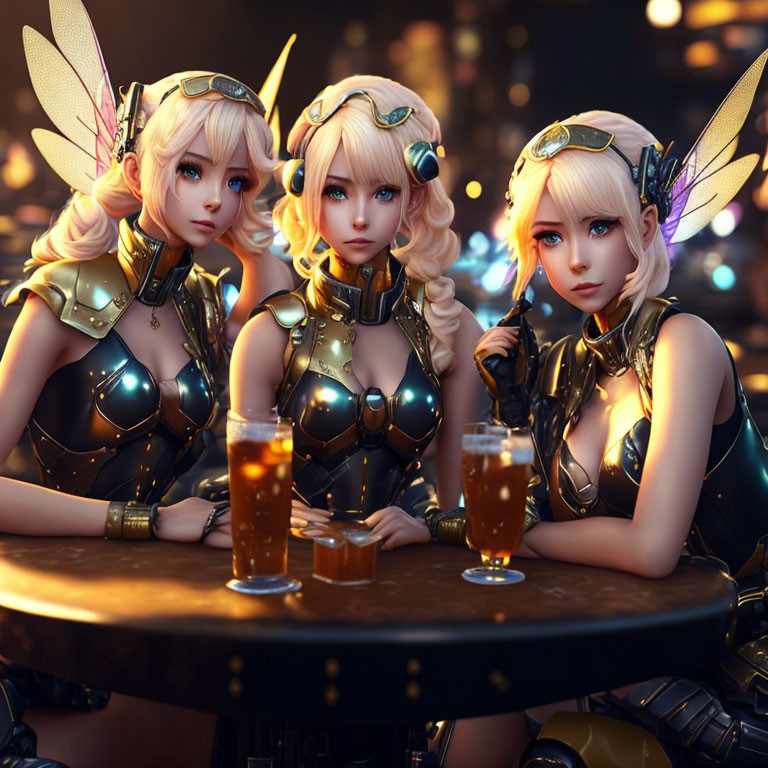 Blonde Haired Female Animated Characters in Futuristic Armor at Bar