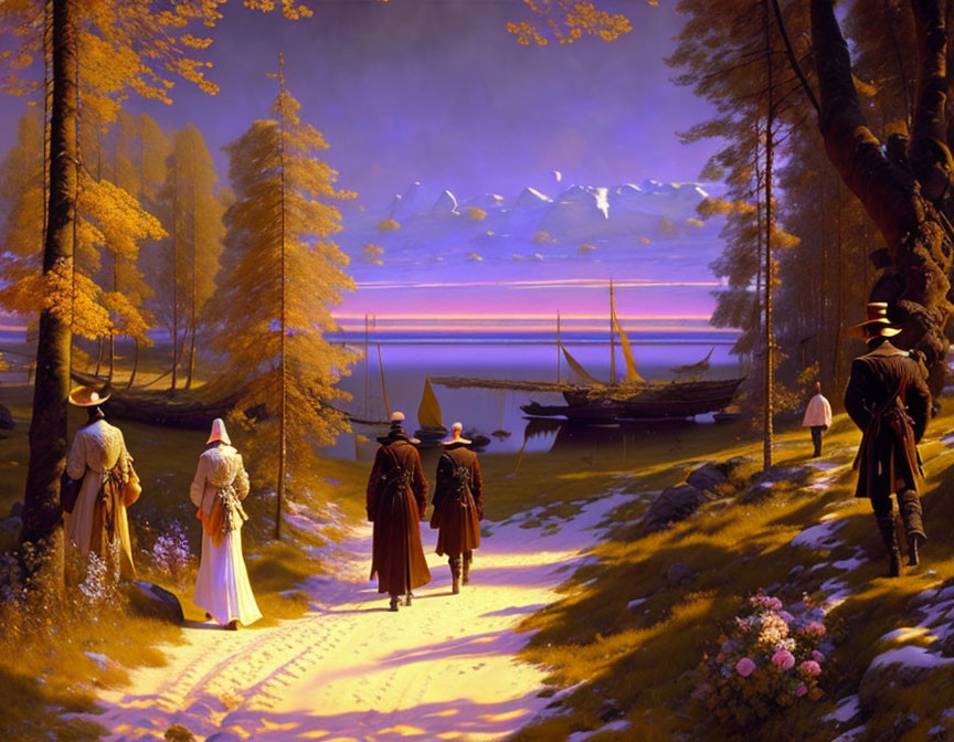 Scenic painting of people in vintage attire by serene lake at dusk