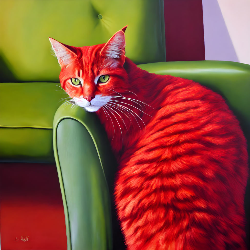 Colorful Illustration: Red Cat with White Facial Markings on Green Couch