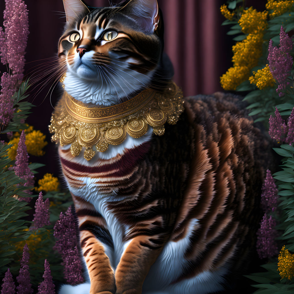 Majestic tabby cat with golden collar in lush greenery