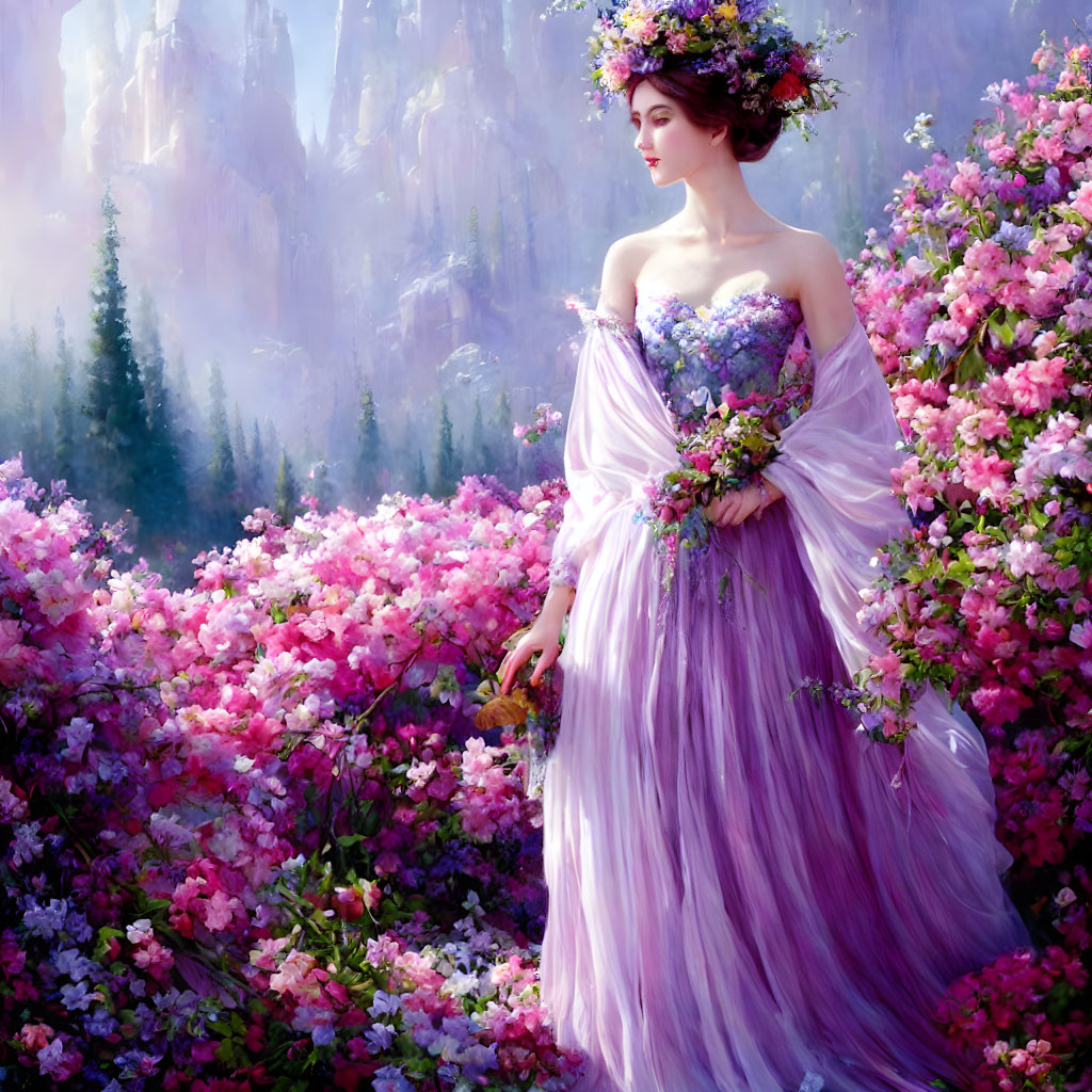 Woman in lilac gown with floral crown in fantasy landscape.