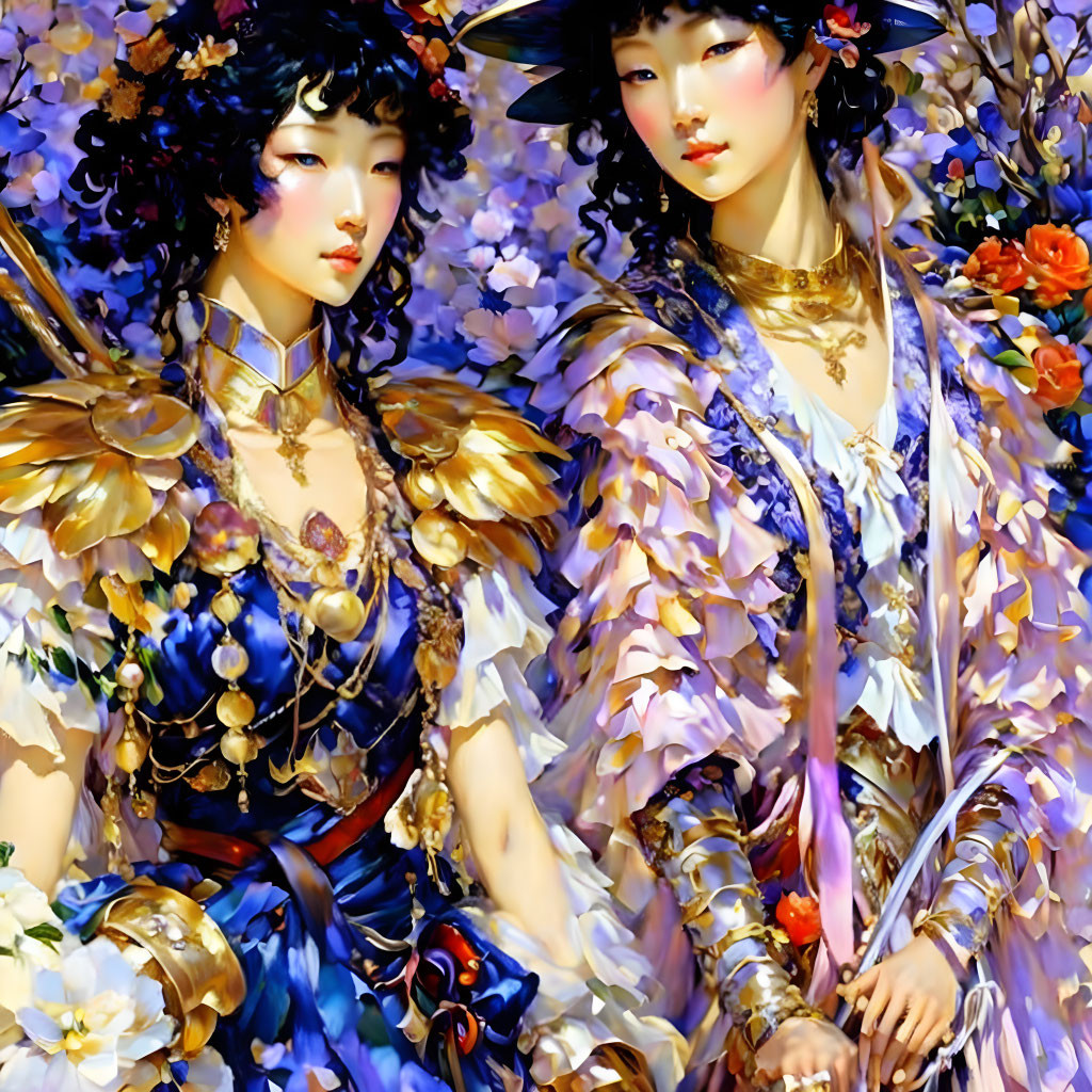 Two Women in Colorful Attire with Floral Motifs and Jewelry