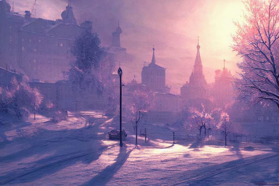 City Winter Scene: Purple Dusk, Snow-Covered Streets & Historical Buildings