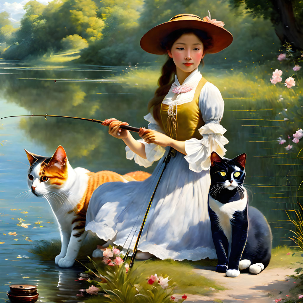 Woman in vintage attire fishing with two cats by river under trees.