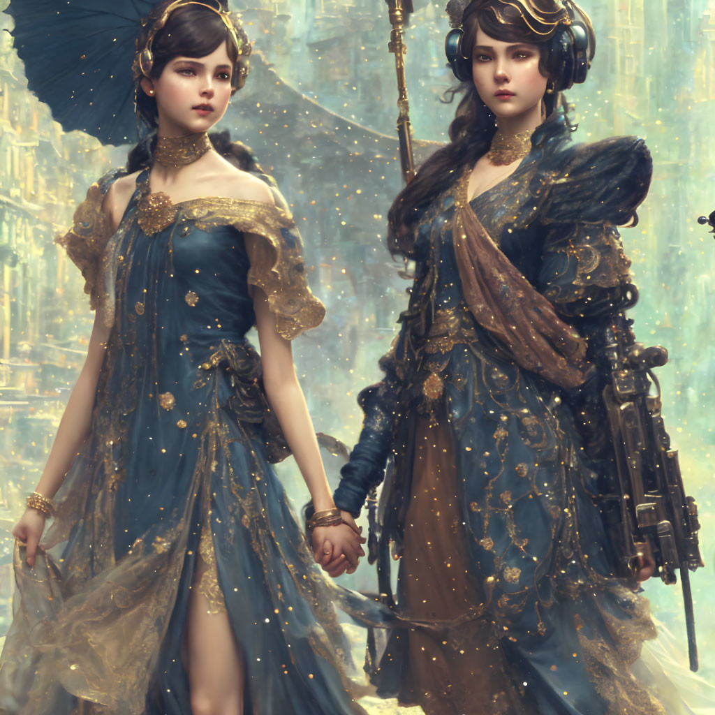 Two women in blue and gold period dresses with matching umbrellas against a golden architectural backdrop.