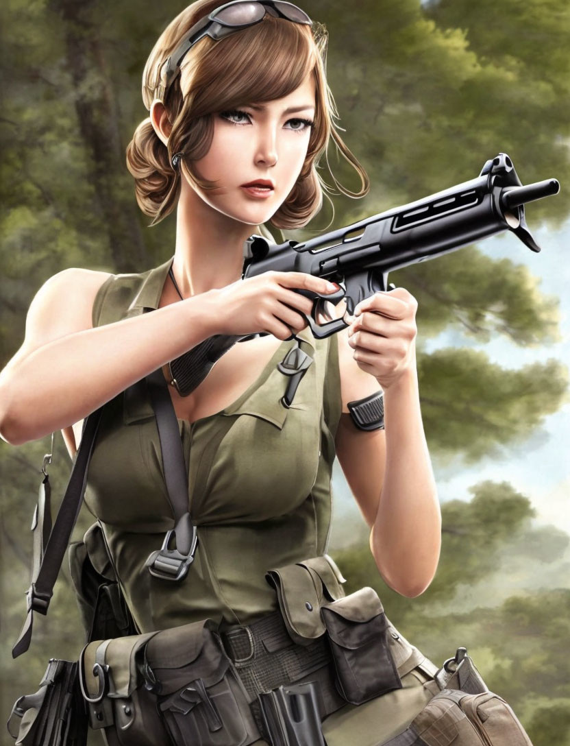 Confident woman with gun in combat outfit in forest landscape