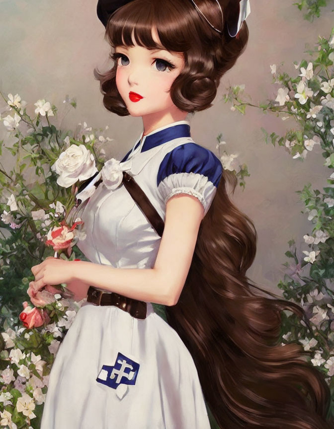 Illustrated girl with long wavy brown hair holding a rose in a floral setting