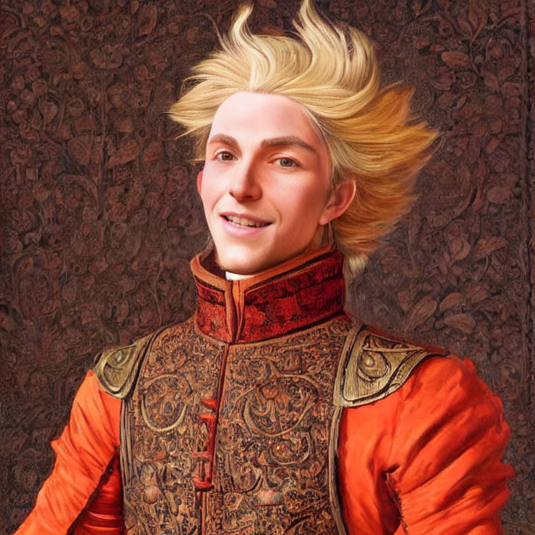 Spiked blond hair person in ornate orange jacket portrait.