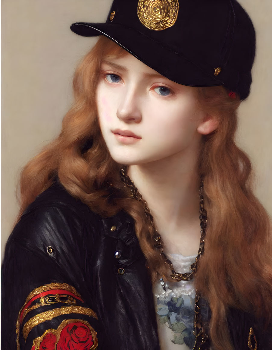 Portrait of person with wavy hair in black cap and jacket with red and gold details.