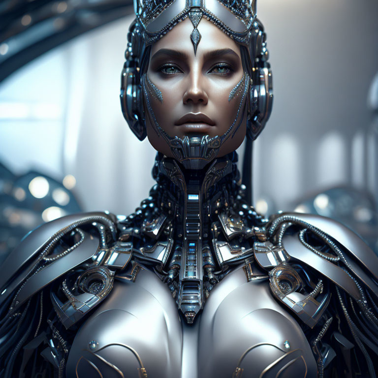 Intricate humanoid robot with metallic armor and regal headpiece