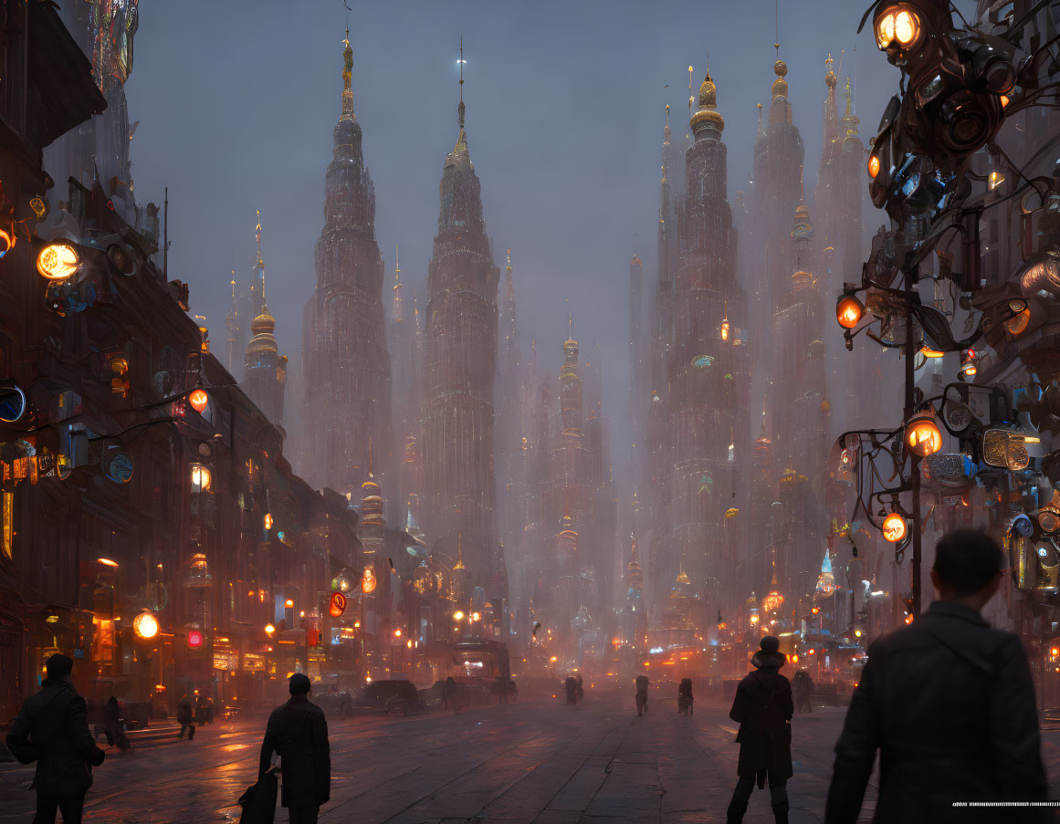 Futuristic cityscape at dusk with tall spire-like buildings and glowing lights