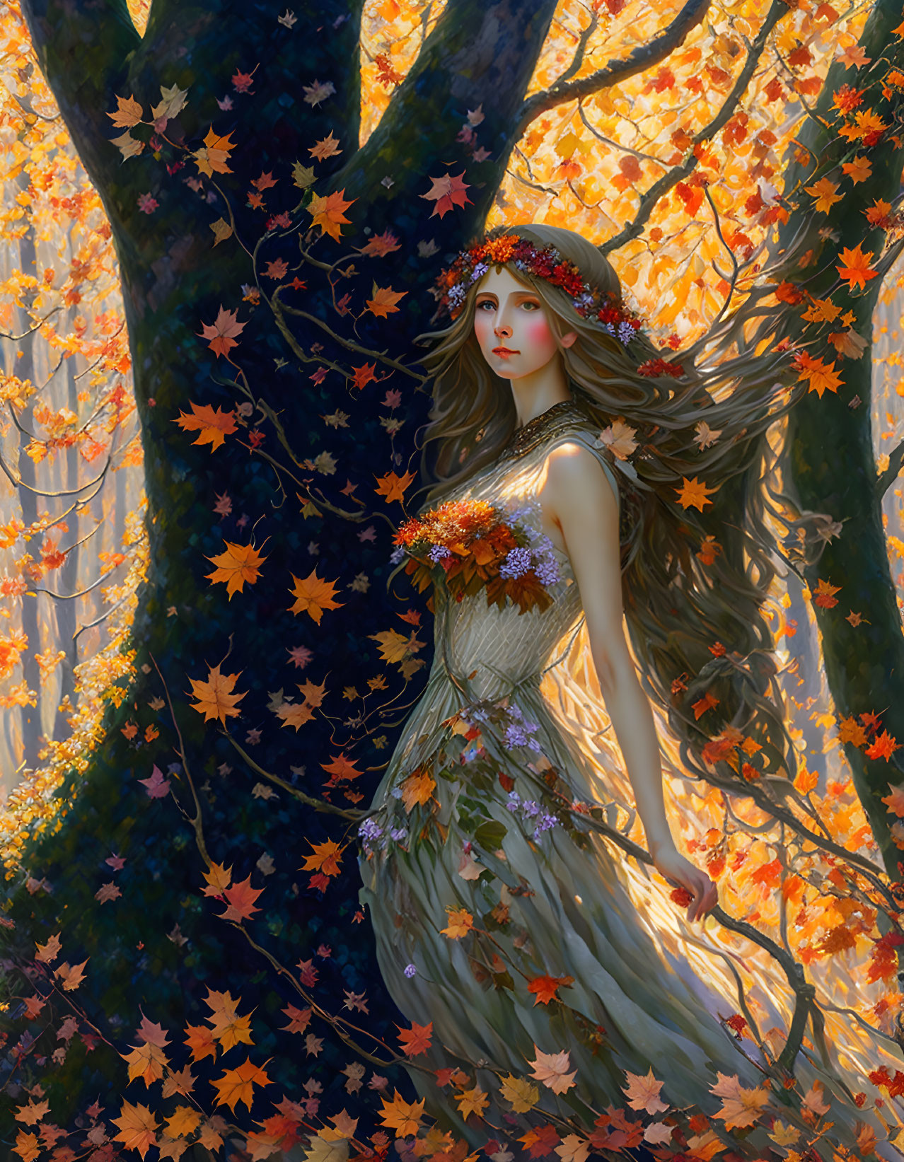 Woman in autumn forest with long hair, dress, headband adorned with fall leaves.