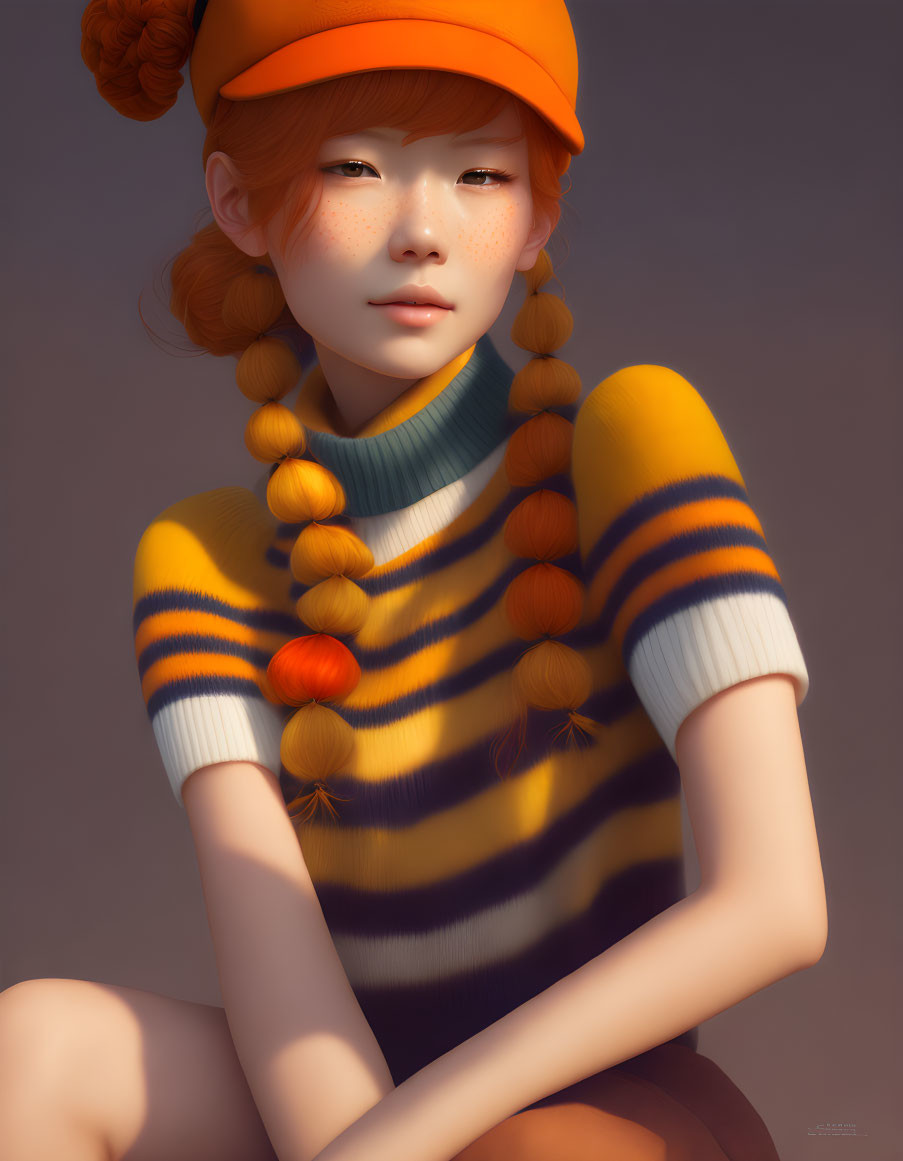 Digital artwork: Young girl with auburn hair, braids, striped sweater, orange cap,