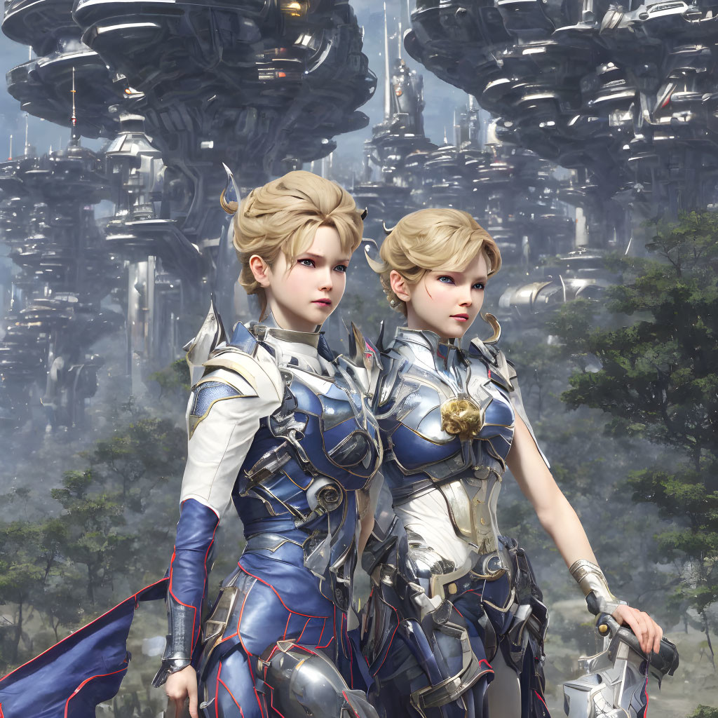 Futuristic armor-clad women in sci-fi city setting.