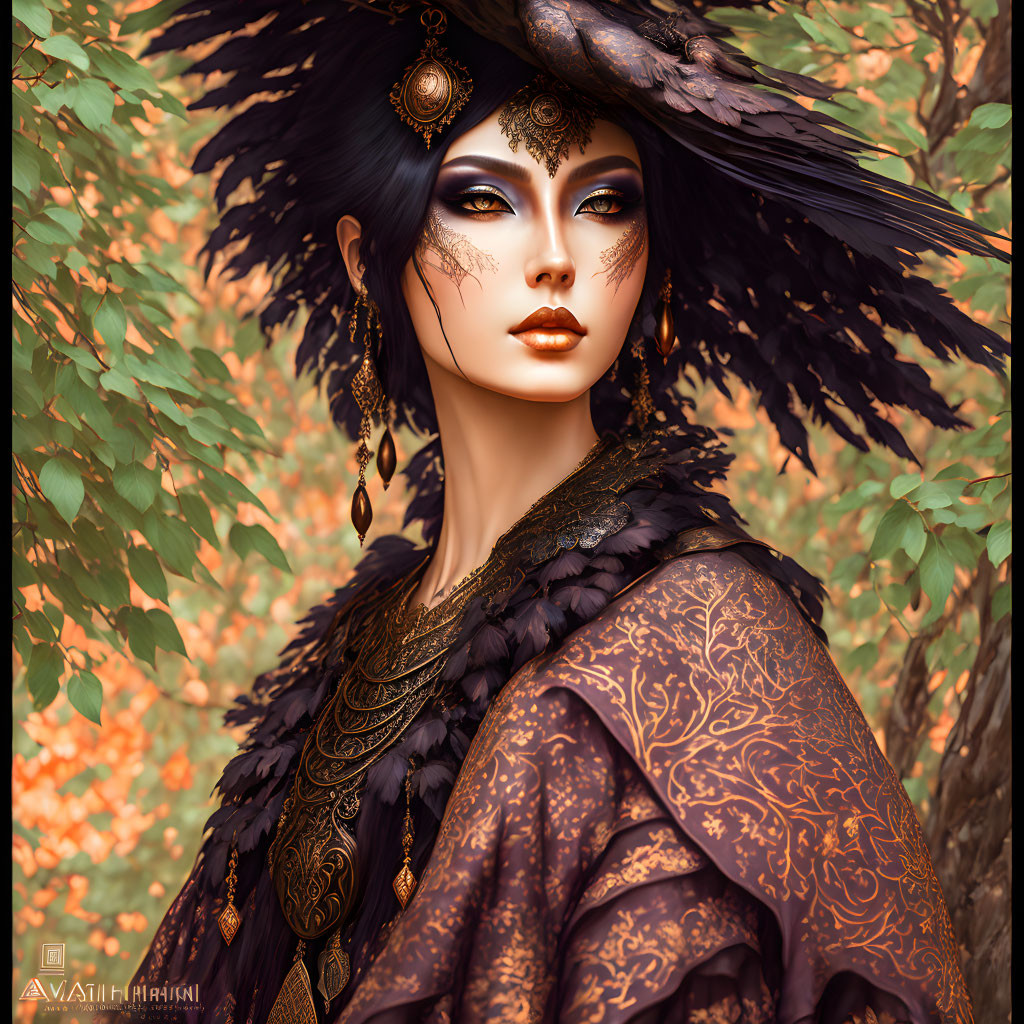 Fantasy-themed digital artwork of a woman with feathered hat in autumnal setting