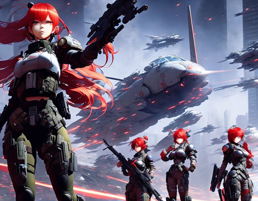 Futuristic soldiers with red hair in armor and battle aircraft in dramatic sky