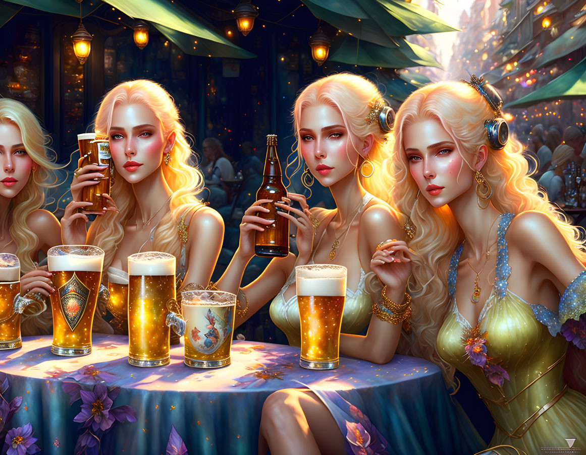 Four Blonde Women in Elegant Attire Holding Beers at Table