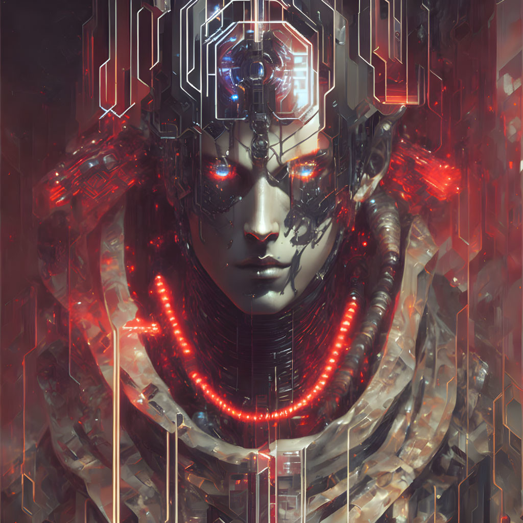 Cybernetic being with red and white circuitry patterns