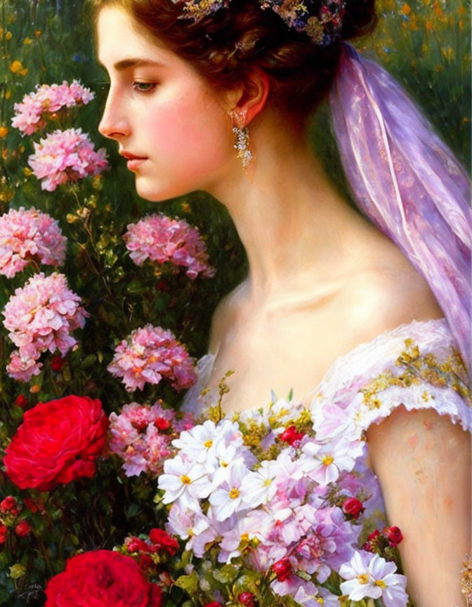 Contemplative woman in purple veil among pink and white flowers