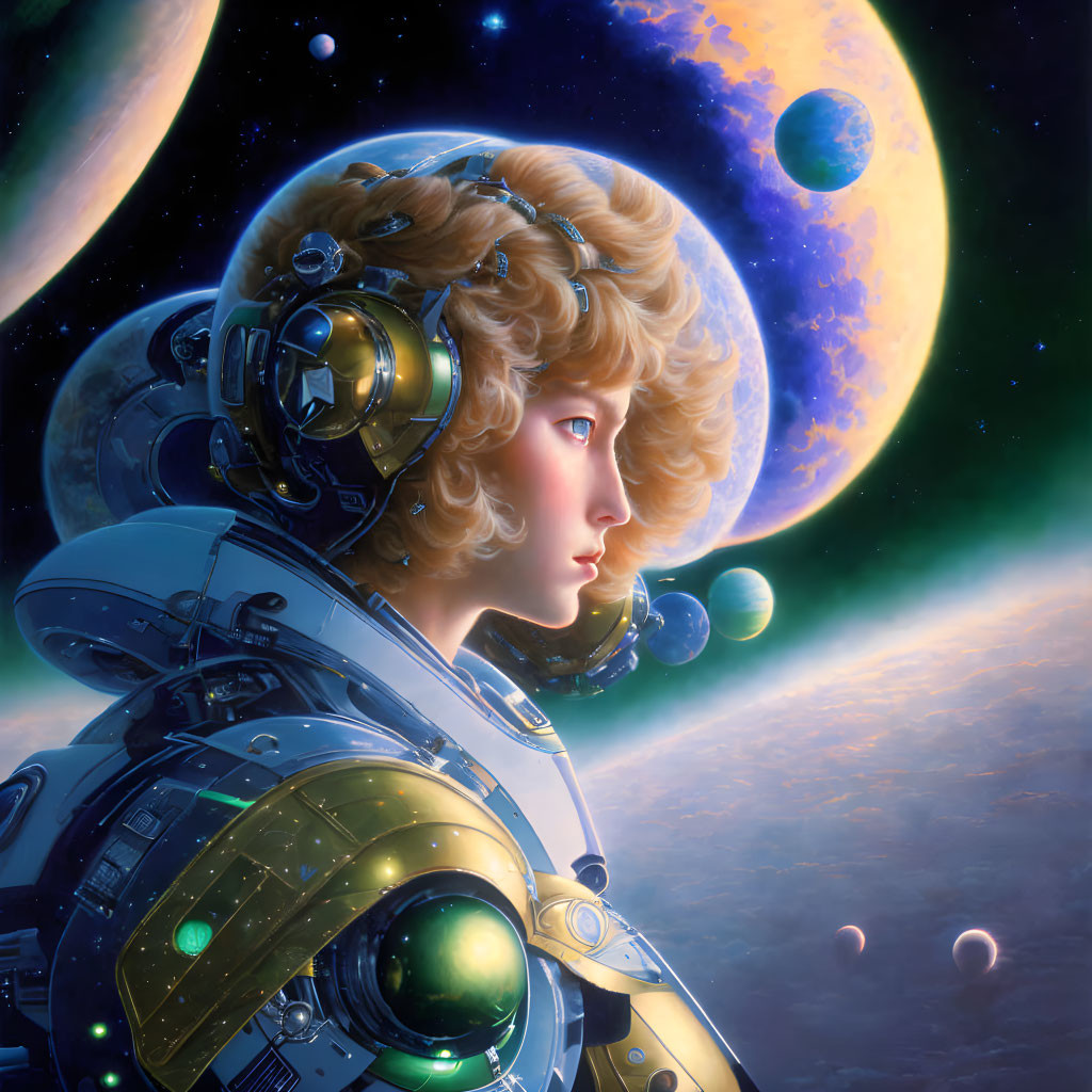 Curly Blonde-Haired Astronaut in Detailed Spacesuit with Celestial Bodies and Planets in Background