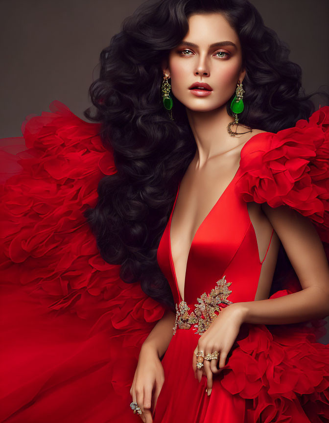 Woman with voluminous black hair in red gown with gold accents and green earrings