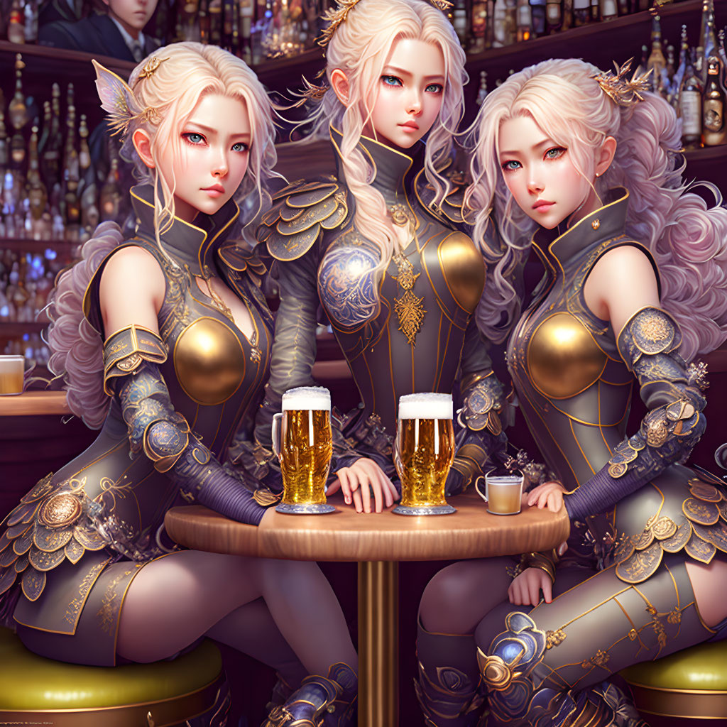 Three fantasy female characters with white hair and golden armor at a bar with beer in an elegant setting