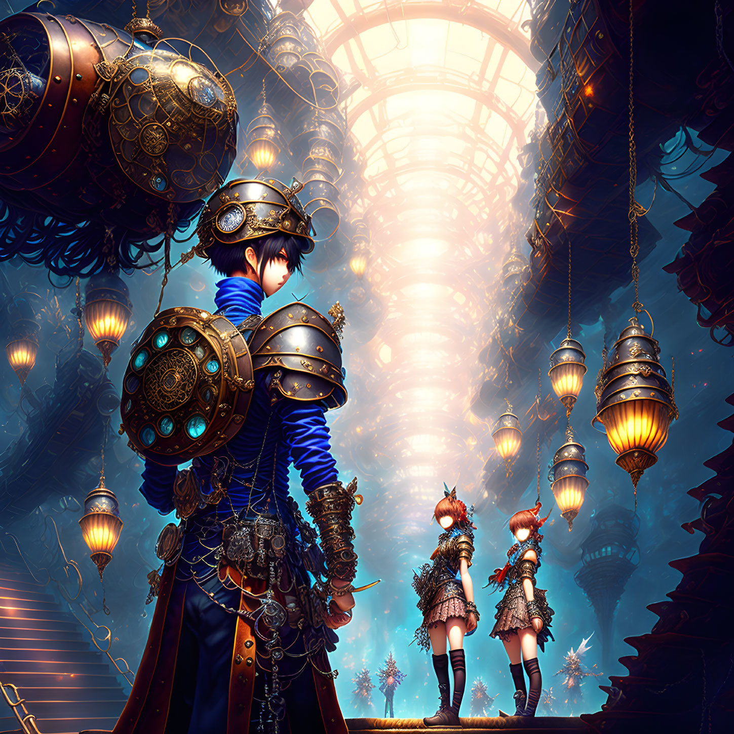 Fantastical steampunk scene with characters in ornate armor and radiant tower